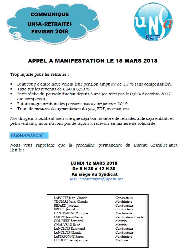 APPEL A MANIFESTATION LE 15 MARS 2018