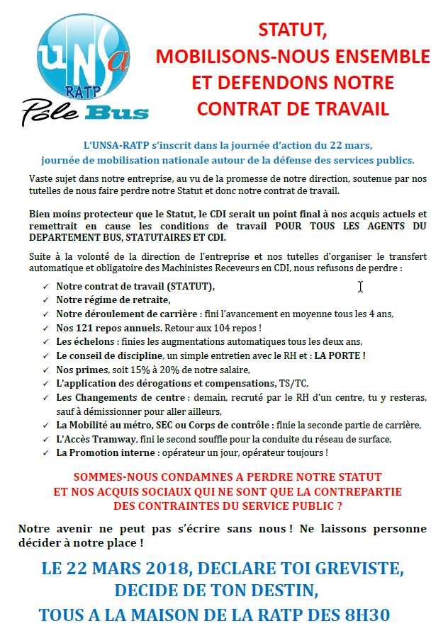 STATUT, MOBILISONS-NOUS ENSEMBLE ET DÉFENDONS NOTRE CONTRAT DE TRAVAIL