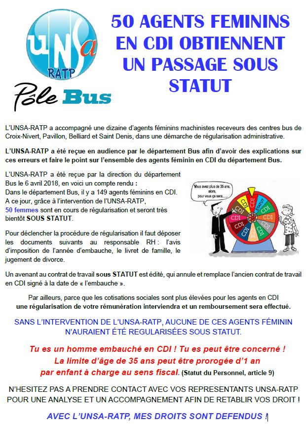 50 AGENTS FÉMININS EN CDI OBTIENNENT UN PASSAGE SOUS STATUT