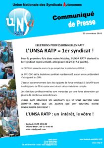 communiqué élection UNSA RATP2018