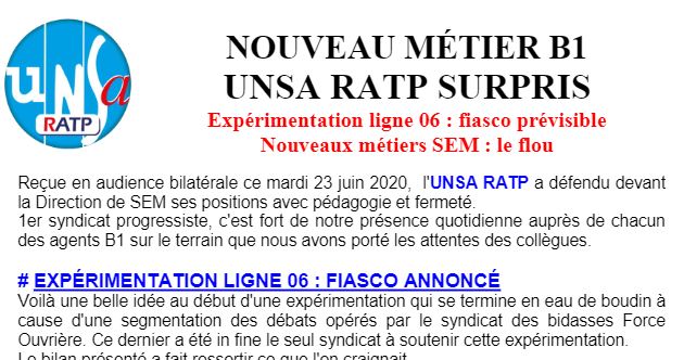 NOUVEAU MÉTIER B1 – Unsa RATP surpris