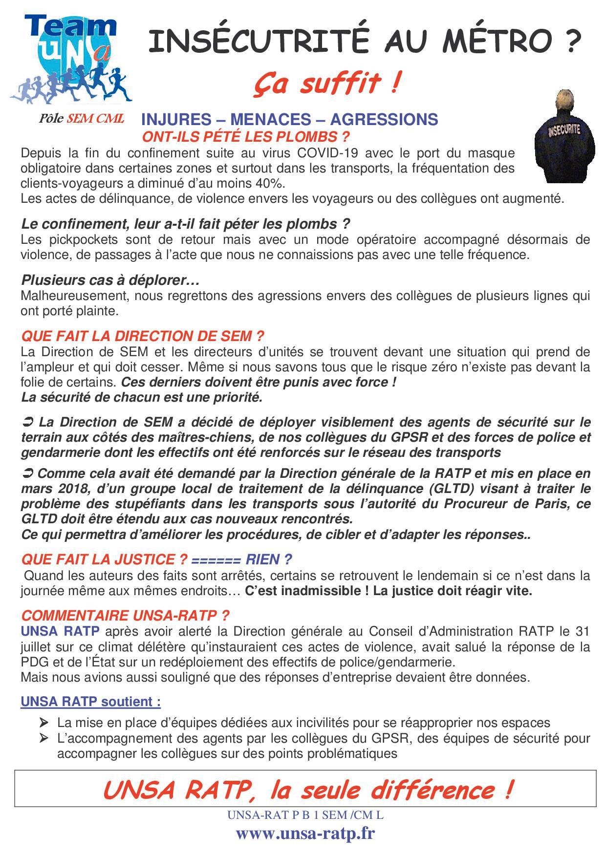 INSÉCURITÉ AU METRO ?