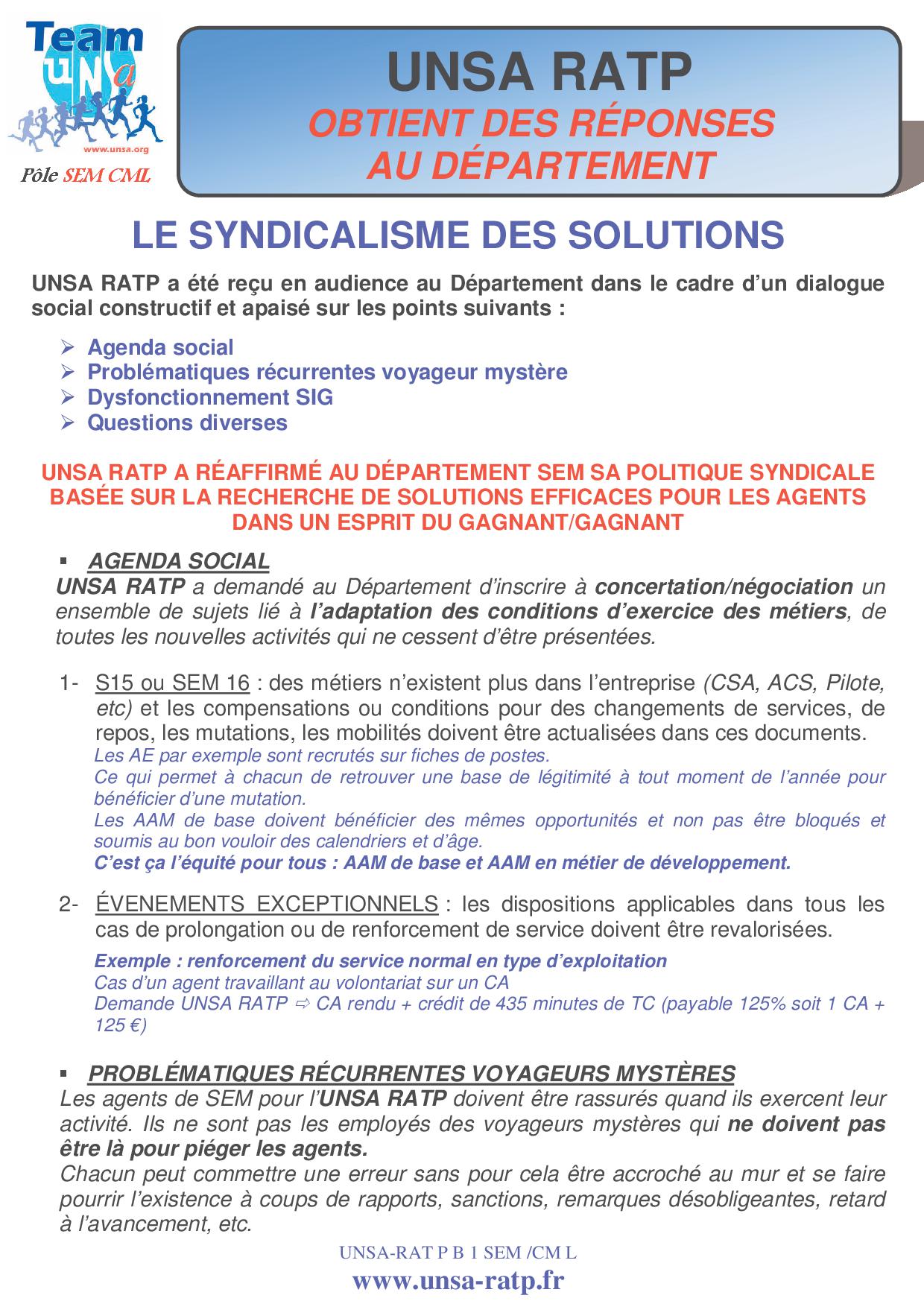 UNSA-RATP OBTIENT DES RÉPONSES AU DÉPARTEMENT SEM-CML