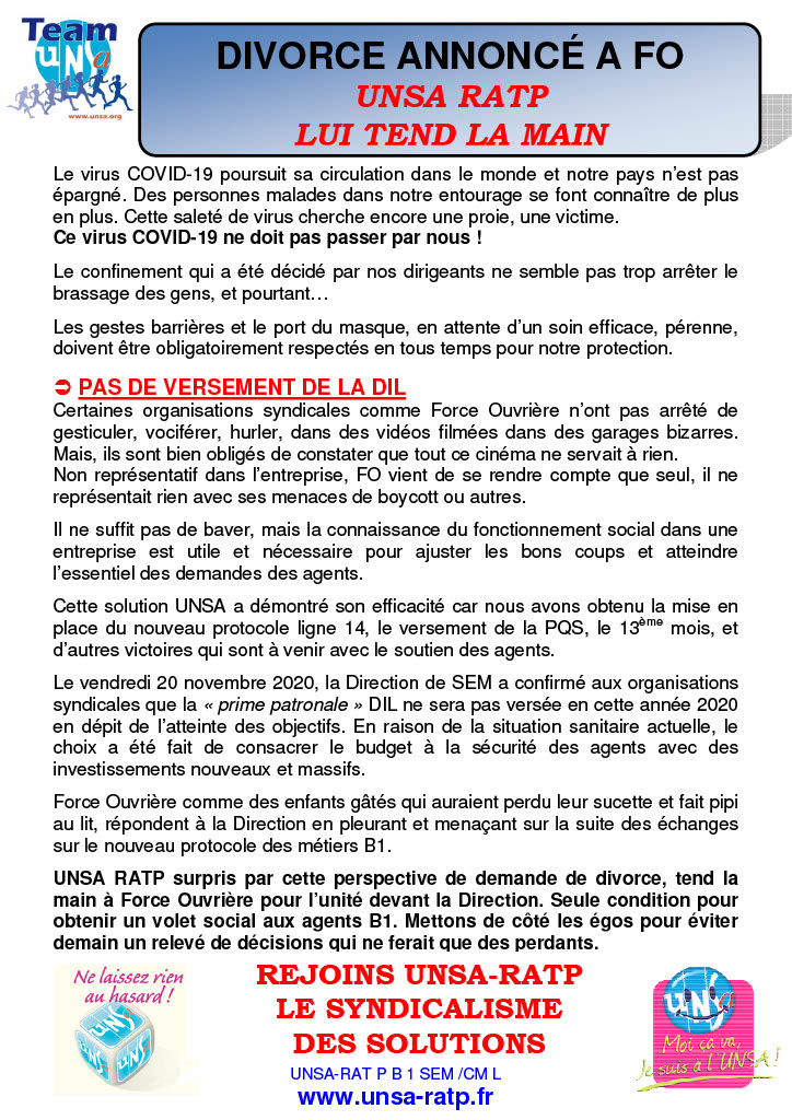 DIVORCE ANNONCE A FO : UNSA RATP LUI TEND LA MAIN