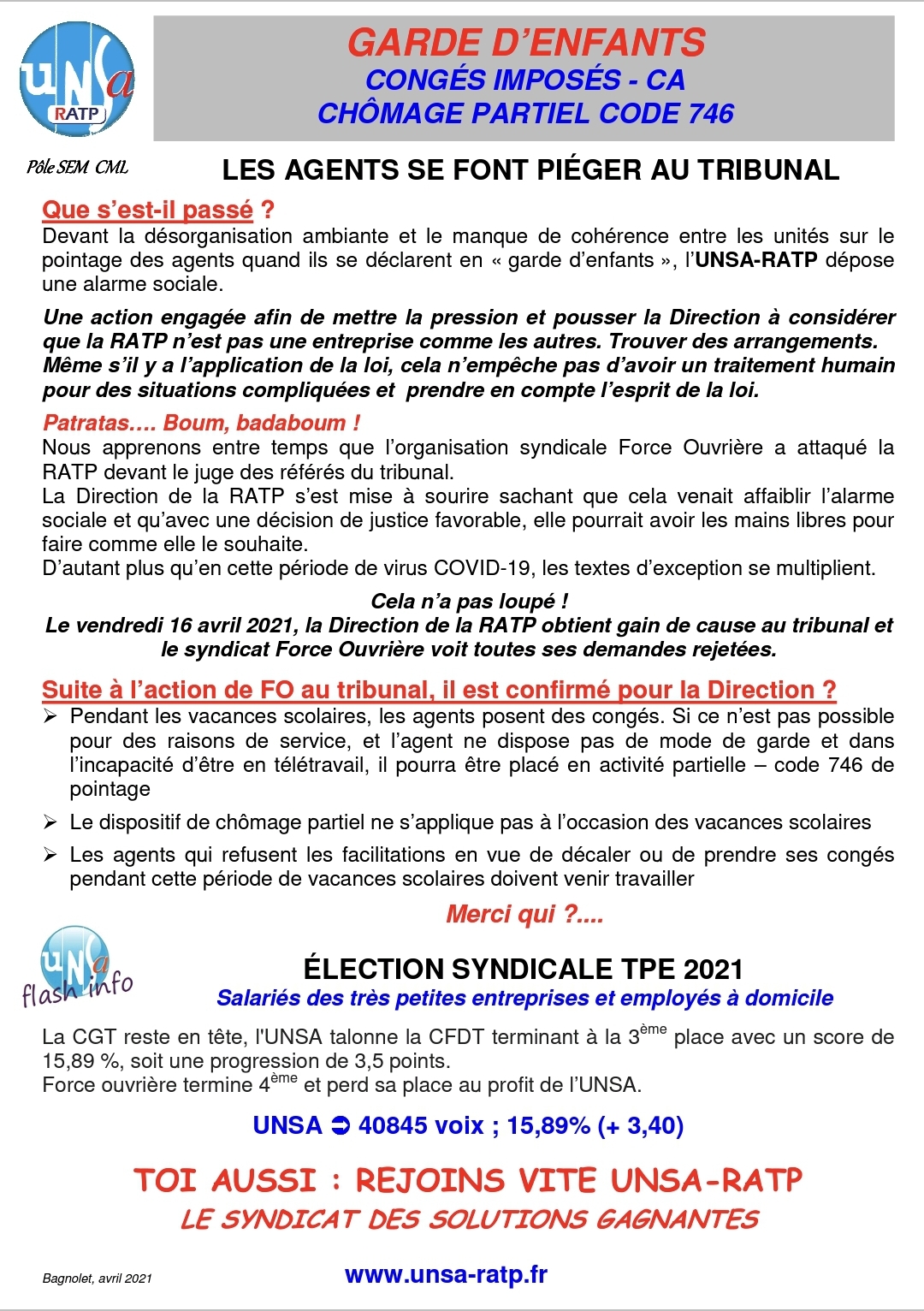 Garde d’enfants – Congès imposé – Chômage partiel