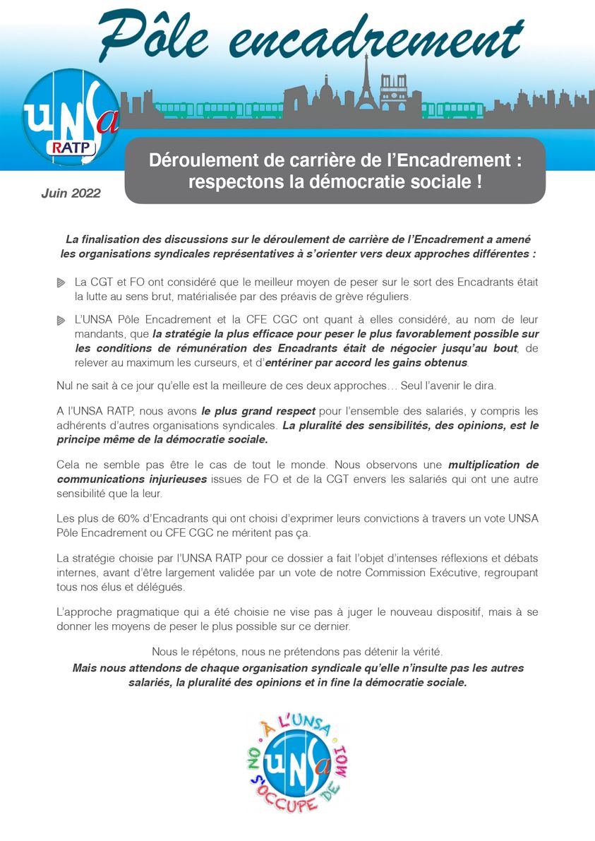 Déroulement de carrière de l'encadrement unsa ratp démocratie sociale