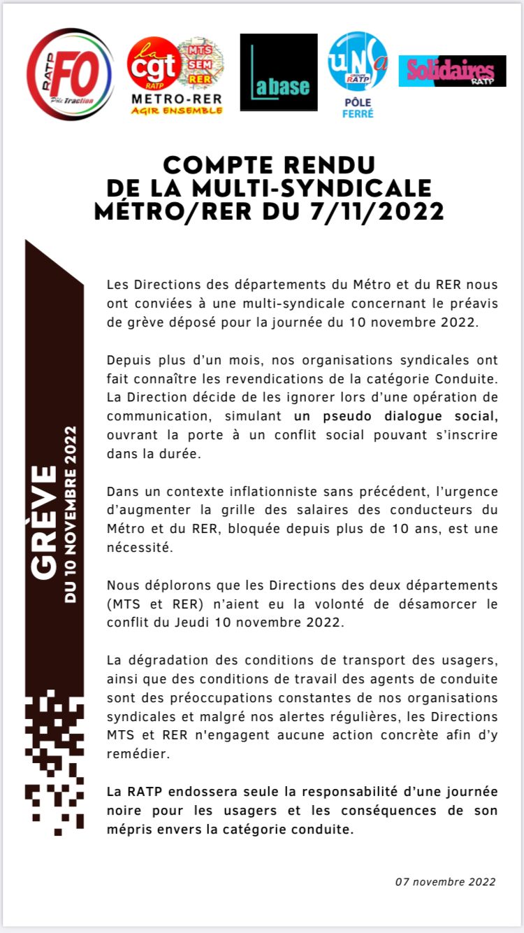 Grève 10 novembre 2022 ratp métro RER 