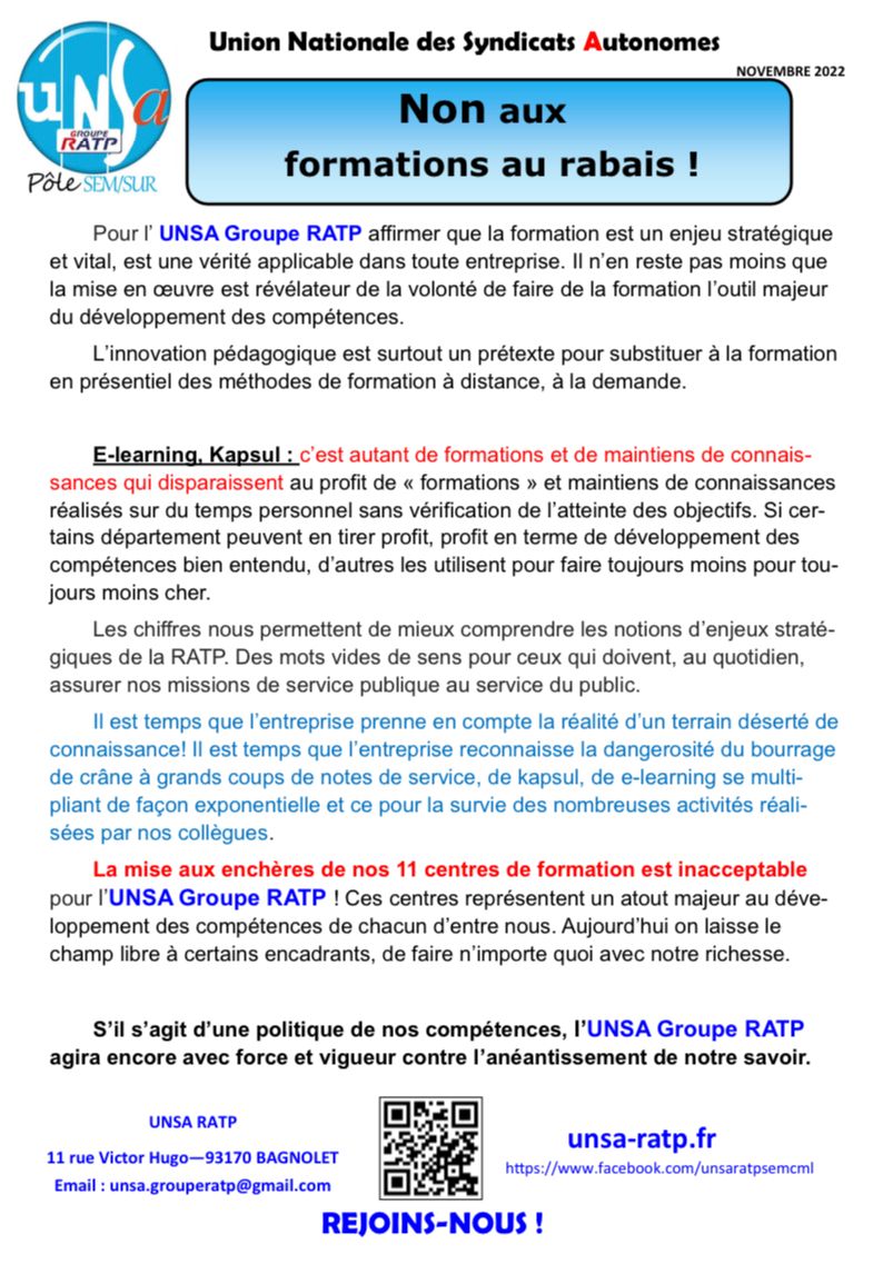 Non aux formations au rabais RATP SEM 