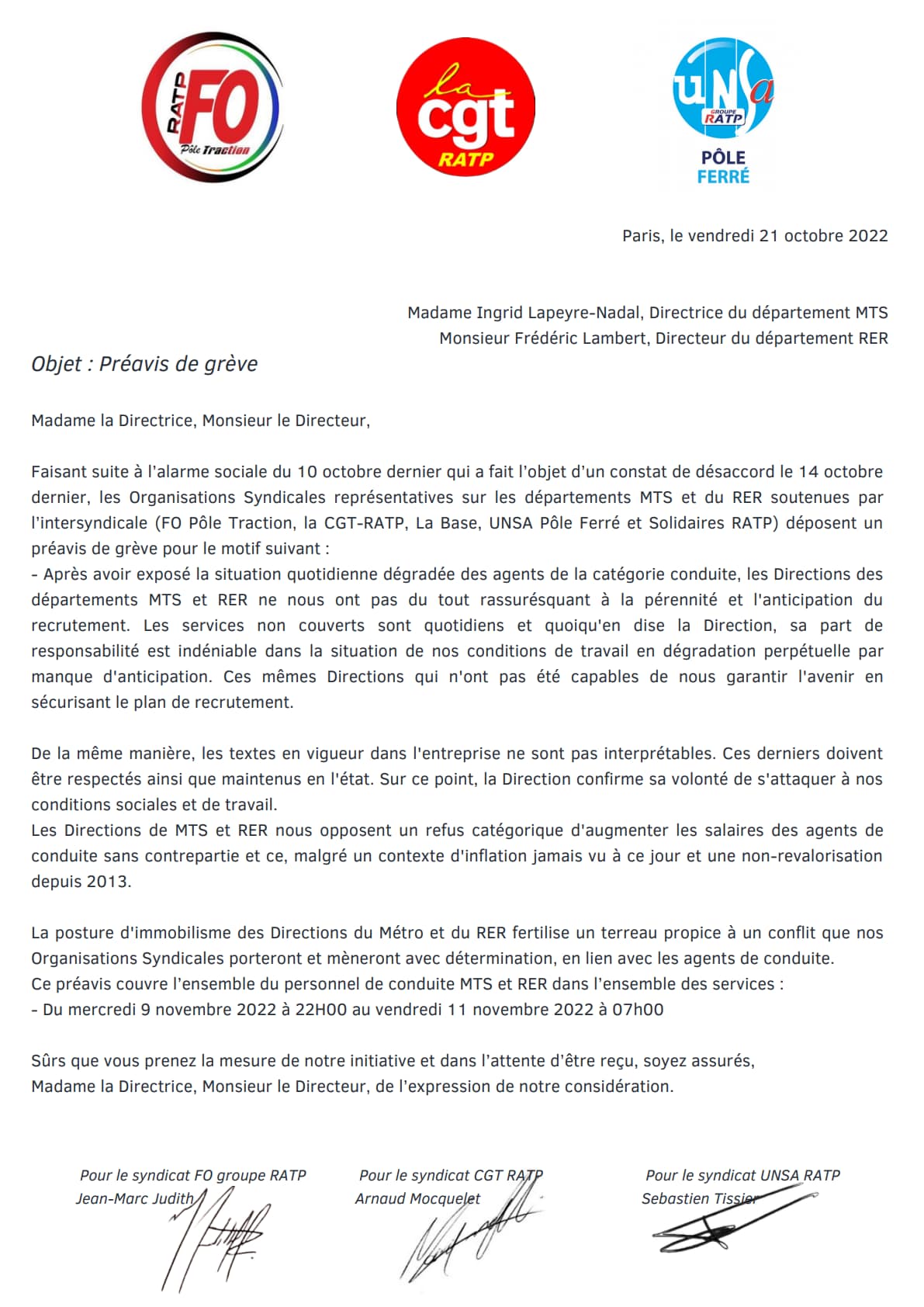 Préavis de grève 1011022 métro rer ratp